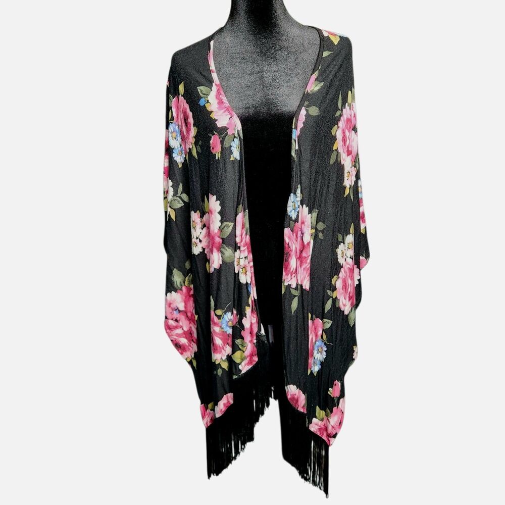 Sweet Rain Open Front Cardigan Womens M Boho Fringe Floral Kimono Black Pink